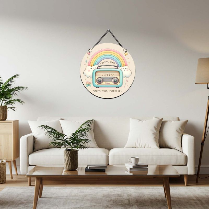 Retro Radio Theme Wall Art with Hanging Chain, Positive Vibes Quote Wall Art for Bedroom and Study Room, Unique Gift, Office Wall Decoration Items Multicolor